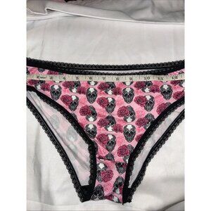 Morvia 1pc Black lace trim goth Skater Emo panties L Black Pink Skull & Flowers